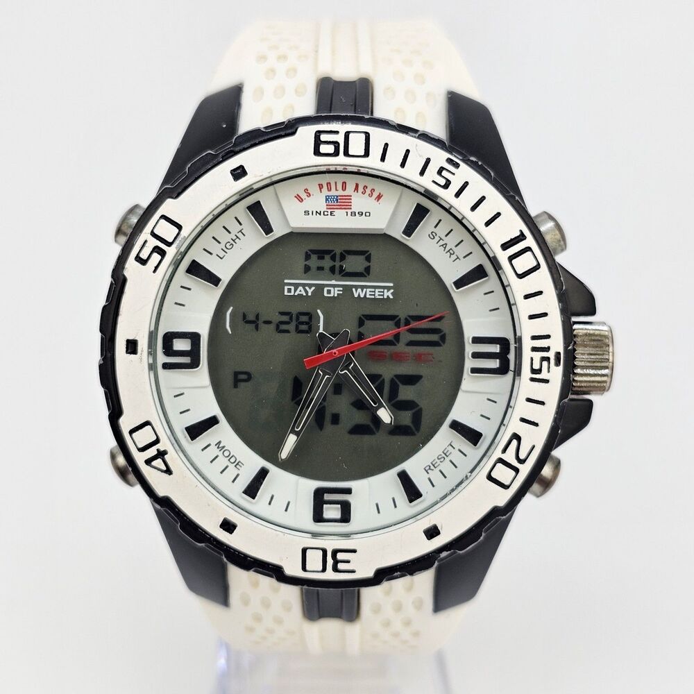 US POLO ASSN Men's Watch Digital Analog 48MM White Platic Bands New Battery